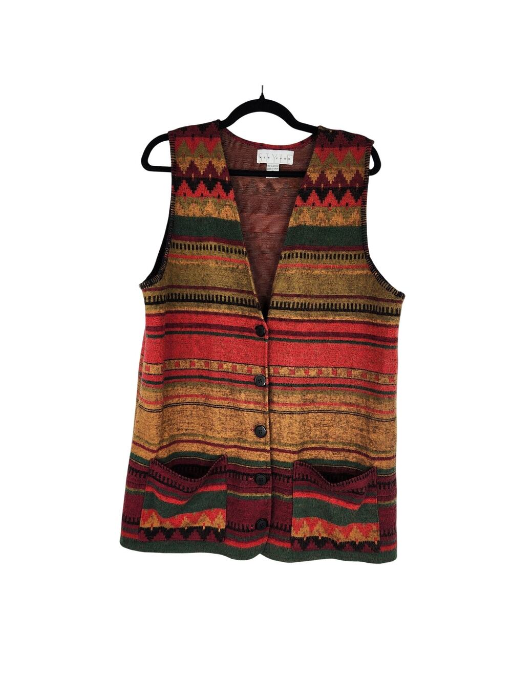 Style New York Long Button Down Vest Women's Medium Western Southwestern 80s